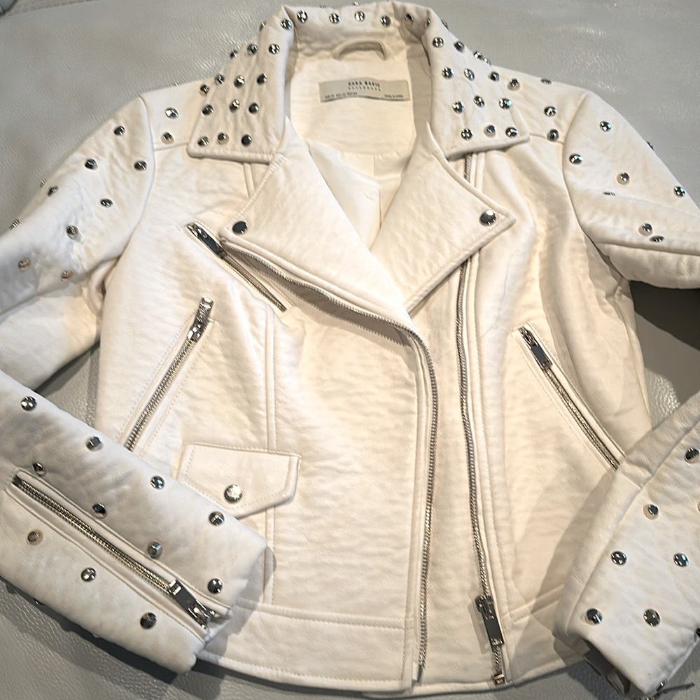 Zara PU leather jacket in ivory with champagne gold studs in size xs. New no tag